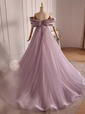 Modest A line Off The Shoulder Tulle Long Lilac Prom Dress HZ1024