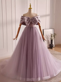 Modest A line Off The Shoulder Tulle Long Lilac Prom Dress HZ1024