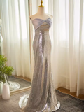 Modest Mermaid Strapless Sequin Long Silver Prom Dress HZ1024