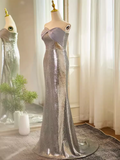Modest Mermaid Strapless Sequin Long Silver Prom Dress HZ1024