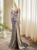 Modest Mermaid Off The Shoulder Sequin Long Silver Prom Dress HZ1024