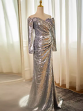 Modest Mermaid Off The Shoulder Sequin Long Silver Prom Dress HZ1024