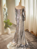Modest Mermaid Off The Shoulder Sequin Long Silver Prom Dress HZ1024