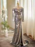 Modest Mermaid Off The Shoulder Sequin Long Silver Prom Dress HZ1024
