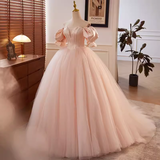 Vintage Ball Gown Off The Shoulder Blush Pink Tulle Sweet 16 Dresses HZ1024