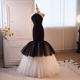 Modest Mermaid Halter Long Tulle Black Prom Dress HZ1024