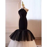 Modest Mermaid Halter Long Tulle Black Prom Dress HZ1024