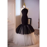 Modest Mermaid Halter Long Tulle Black Prom Dress HZ1024