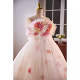 Vintage Ball Gown Strapless Pink Tulle Florwers Sweet 16 Dresses HZ1024
