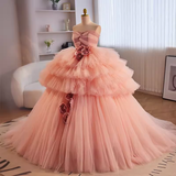 Vintage Ball Gown Strapless Pink Tulle Ruffles Sweet 16 Dresses HZ1024