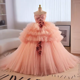 Vintage Ball Gown Strapless Pink Tulle Ruffles Sweet 16 Dresses HZ1024