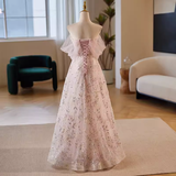 Modest A line Strapless Long Tulle Pink Prom Dress HZ1024
