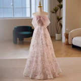 Modest A line Strapless Long Tulle Pink Prom Dress HZ1024