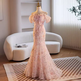 Modest Mermaid Off The Shoulder Long Pink Prom Dress HZ1024
