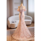 Modest Mermaid Off The Shoulder Long Pink Prom Dress HZ1024