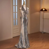 Modest Mermaid Halter Sequin Long Silver Prom Dress HZ1024