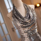 Modest Mermaid Halter Sequin Long Silver Prom Dress HZ1024