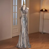 Modest Mermaid Halter Sequin Long Silver Prom Dress HZ1024
