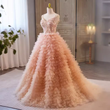 Vintage Ball Gown Straps Pink Tulle Beads Ruffles Sweet 16 Dresses HZ1024