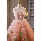 Vintage Ball Gown Straps Pink Tulle Beads Ruffles Sweet 16 Dresses HZ1024
