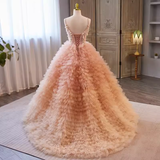 Vintage Ball Gown Straps Pink Tulle Beads Ruffles Sweet 16 Dresses HZ1024
