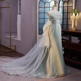 Vintage Mermaid Strapless Long Tulle Light Green Prom Dress HZ1024