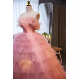 Vintage Ball Gown Strapless Tulle Ruffles Pink Sweet 16 Dresses HZ1024