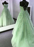 Simple A-Line Spaghetti Straps Lace Green Backless Long Prom Dress HZ1024