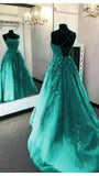 Simple A-Line Spaghetti Straps Lace Green Backless Long Prom Dress HZ1024