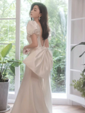 Simple Puff Sleeves Satin Mermaid White Long Prom Dress HZ1024