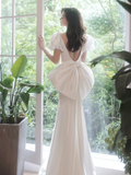 Simple Puff Sleeves Satin Mermaid White Long Prom Dress HZ1024