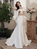 Simple Puff Sleeves Satin Mermaid White Long Prom Dress HZ1024