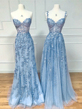 Sexy Sleeveless Light Sky Blue Lace Long Prom Dress HZ1024