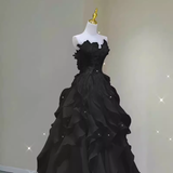 Fairy A Line Sleeveless Black Chiffon Long Floral Prom Dress HZ1024