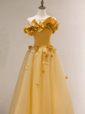 Fairy Ball Gown Sleeveless Yellow Long Floral Prom Dress HZ1024