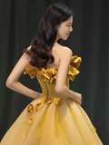 Fairy Ball Gown Sleeveless Yellow Long Floral Prom Dress HZ1024