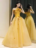 Fairy Ball Gown Sleeveless Yellow Long Floral Prom Dress HZ1024