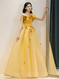 Fairy Ball Gown Sleeveless Yellow Long Floral Prom Dress HZ1024
