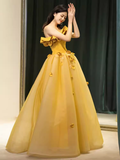 Fairy Ball Gown Sleeveless Yellow Long Floral Prom Dress HZ1024