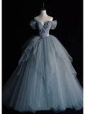 Fairy Ball Gown Off The Shoulder Gray Long Prom Dress HZ1024