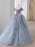 Fairy Ball Gown Off The Shoulder Gray Long Prom Dress HZ1024