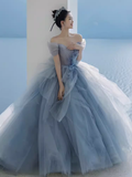 Fairy Ball Gown Off The Shoulder Gray Long Prom Dress HZ1024