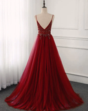 Sparkly A Line Burgundy Tulle Long Prom Dress HZ1024