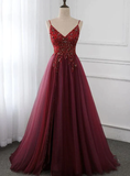 Sparkly A Line Burgundy Tulle Long Prom Dress HZ1024