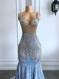 Sexy Mermaid Straps Beads Sequin Long Prom Dress HZ1024