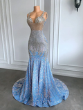 Sexy Mermaid Straps Beads Sequin Long Prom Dress HZ1024
