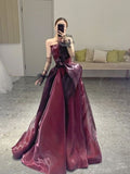 Elegant Ball Gown Strapless Burgundy Organza Long Prom Dress HZ1024