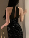 Charming Mermaid Halter Black Sequin Long Slit Prom Dress HZ1024
