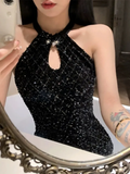 Charming Mermaid Halter Black Sequin Long Slit Prom Dress HZ1024