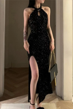 Charming Mermaid Halter Black Sequin Long Slit Prom Dress HZ1024